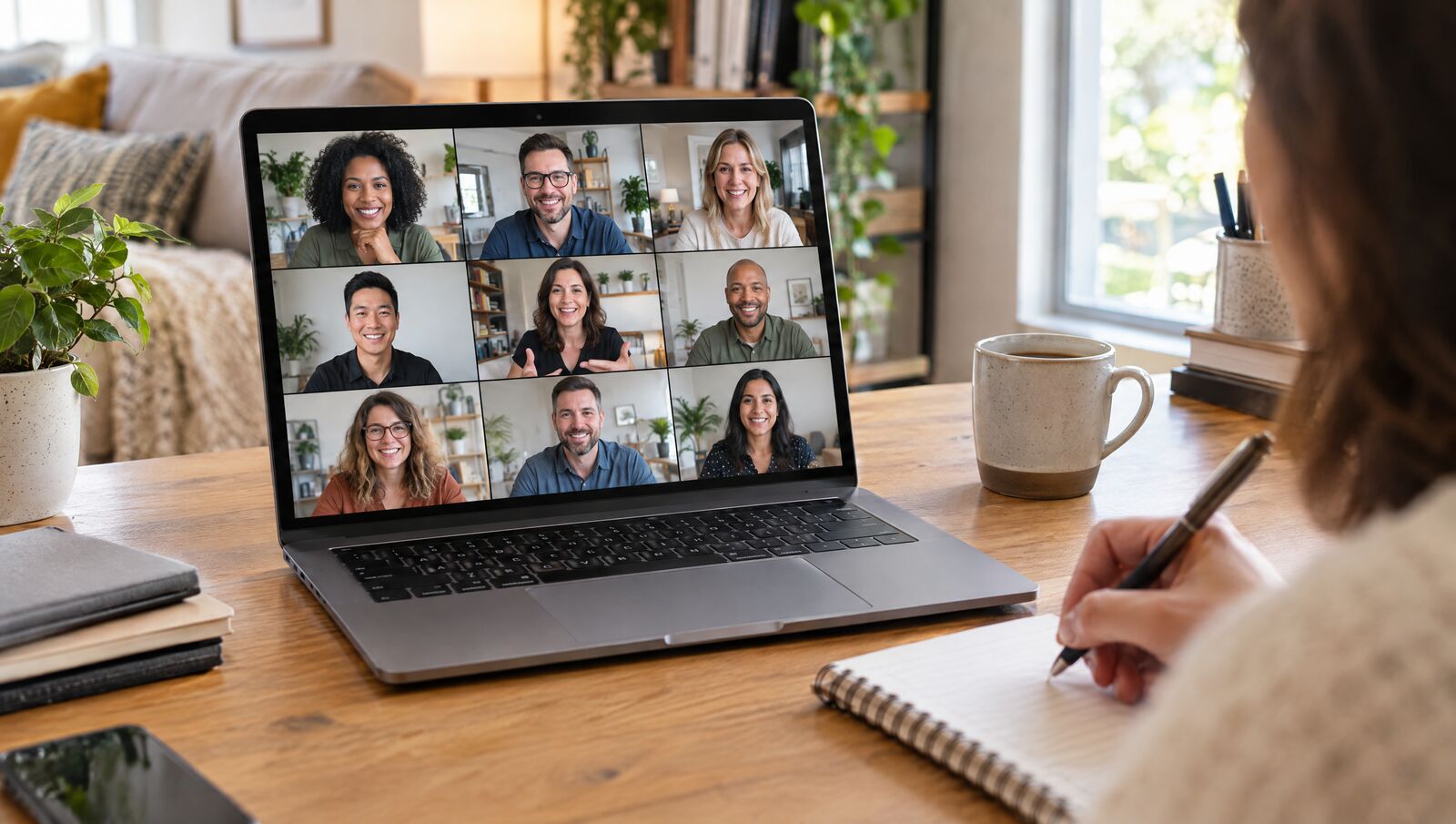Group coaching call with business owners on a laptop screen